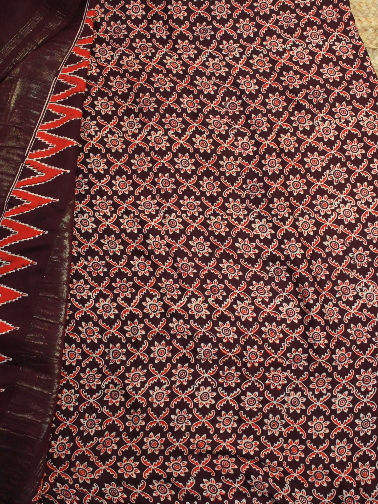 Deep Maroon Pure Modal Silk Saree with Ajrakh Print & Zari Pallu