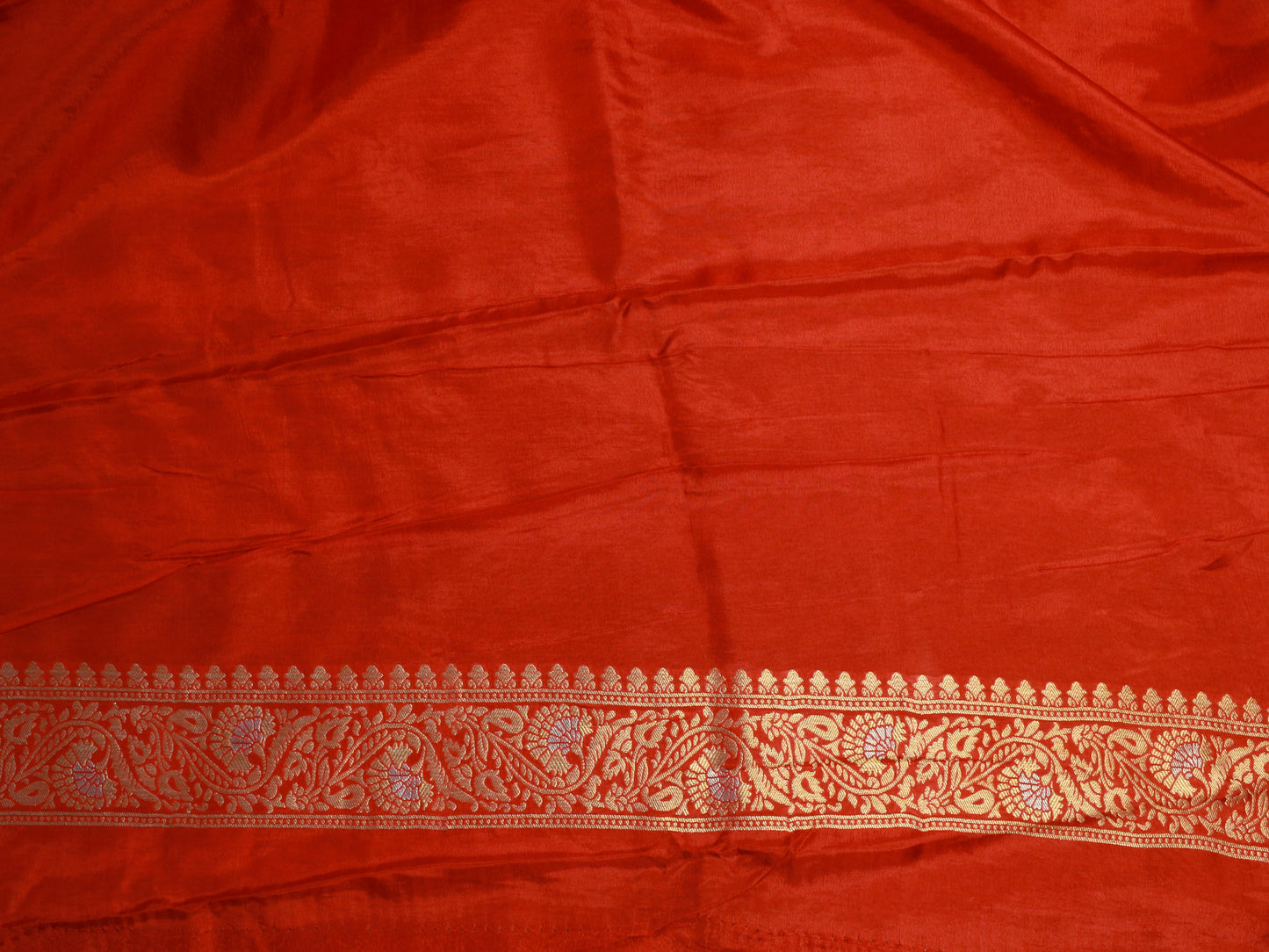 Rust Red Banarasi Russian Silk Saree with Antique Zari Deer Motif Border