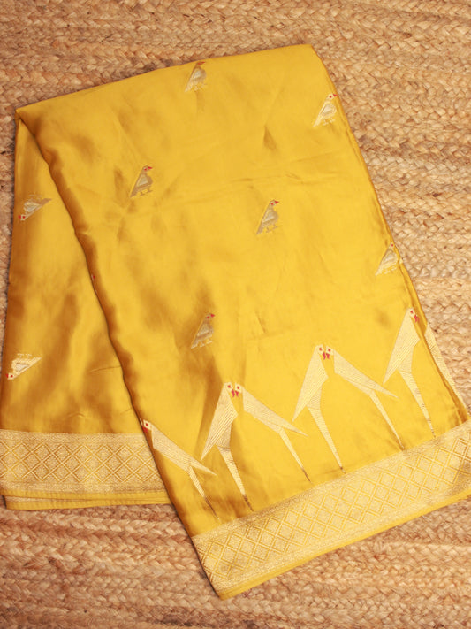 Mustard Yellow Banarasi Mashru Silk Saree with Parrot Motif and Zari Border