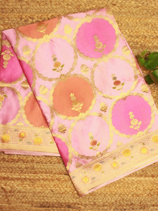 Elegant Pink & Peach Banarasi Satin Silk Fabric with Golden Zari Floral Motifs
