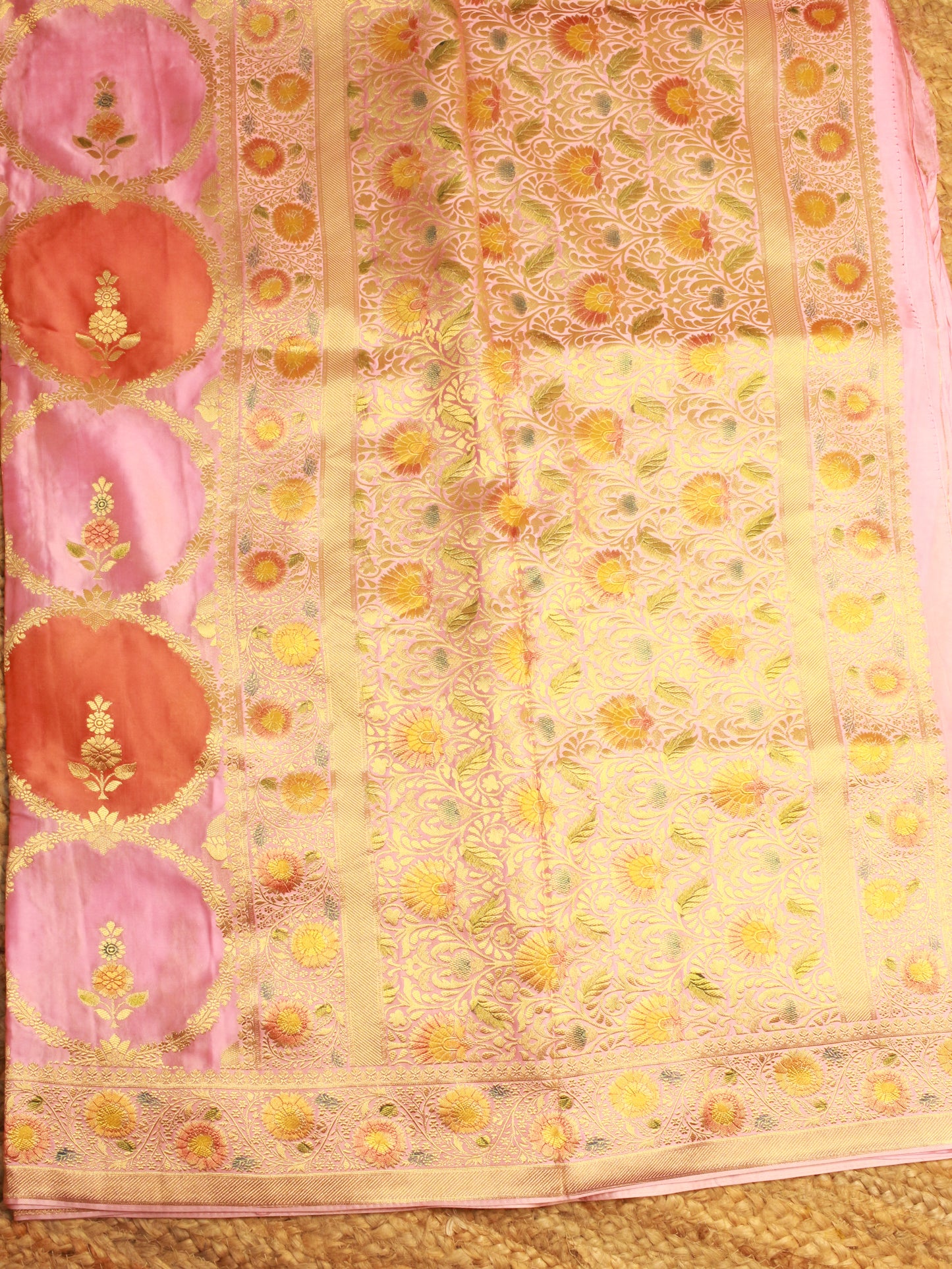 Elegant Pink & Peach Banarasi Satin Silk Fabric with Golden Zari Floral Motifs