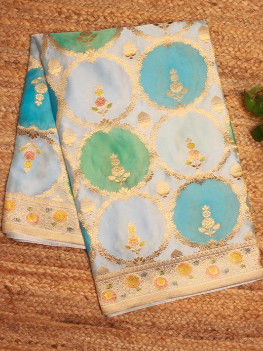 Elegant Blue & Green each Banarasi Satin Silk Fabric with Golden Zari Floral Motifs