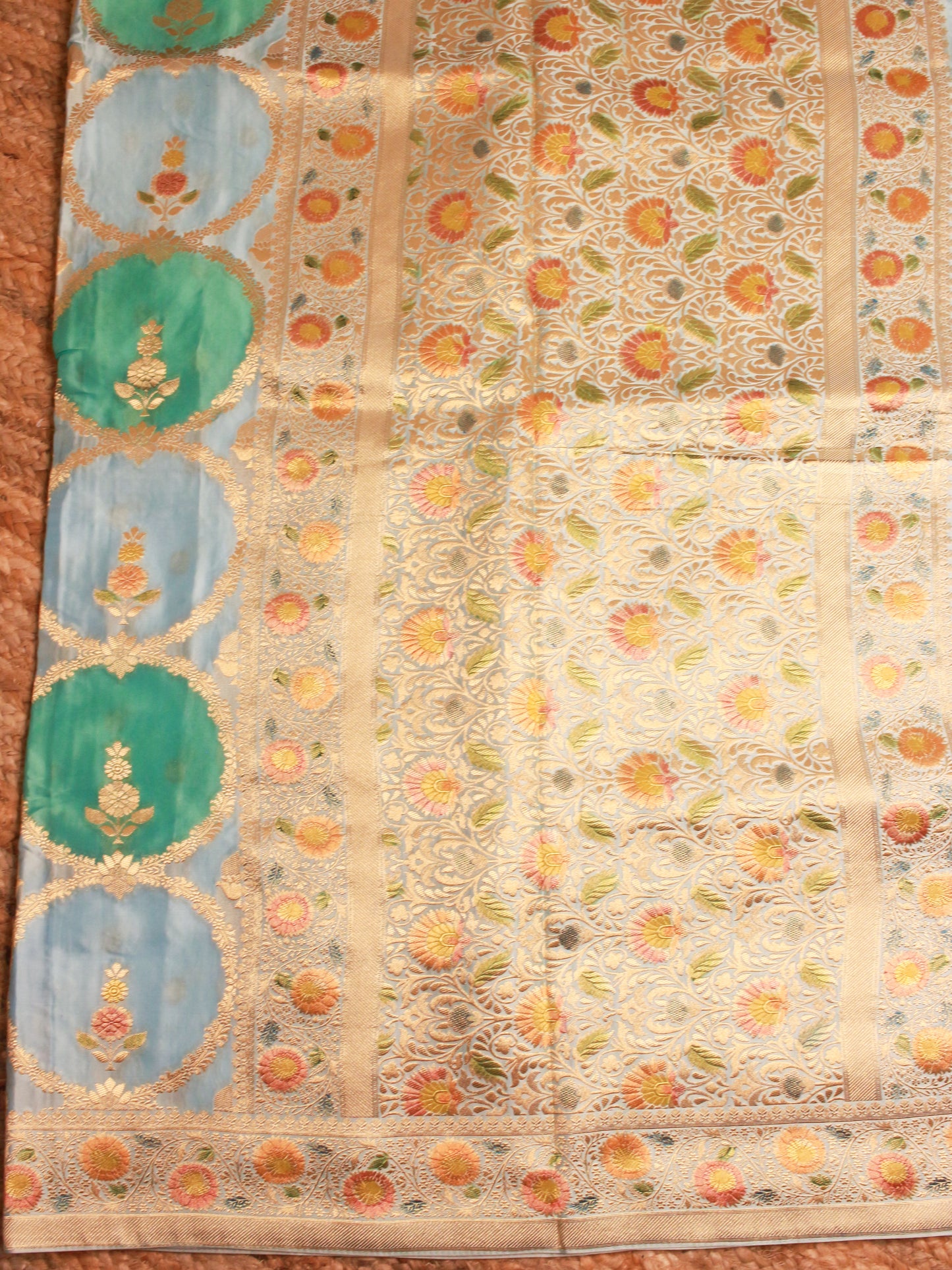 Elegant Blue & Green each Banarasi Satin Silk Fabric with Golden Zari Floral Motifs