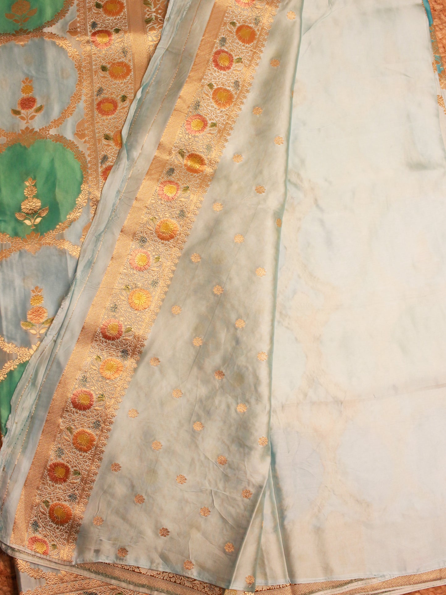 Elegant Blue & Green each Banarasi Satin Silk Fabric with Golden Zari Floral Motifs