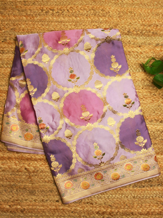 Elegant Blue & Green each Banarasi Satin Silk Fabric with Golden Zari Floral Motifs