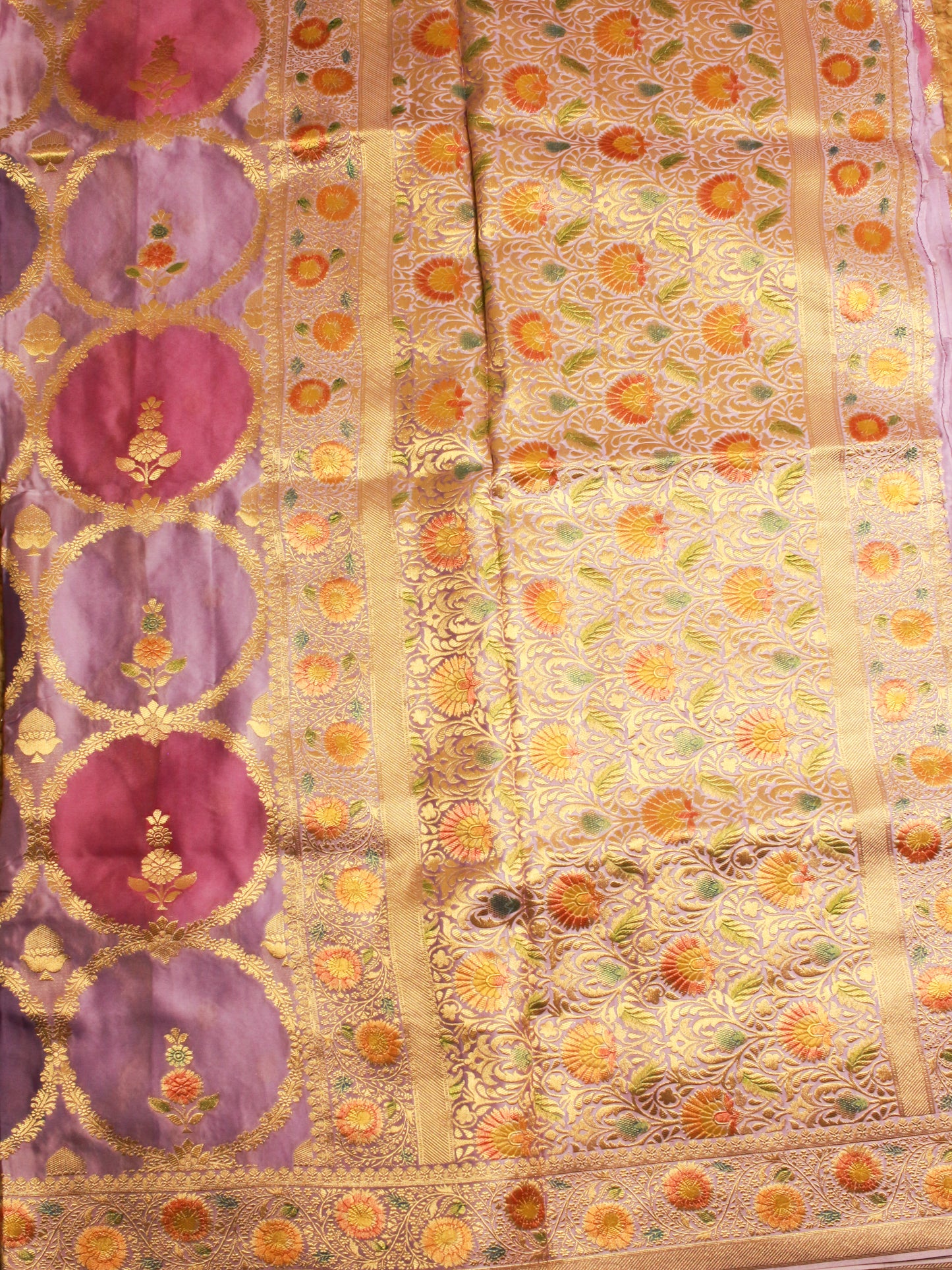 Elegant Blue & Green each Banarasi Satin Silk Fabric with Golden Zari Floral Motifs
