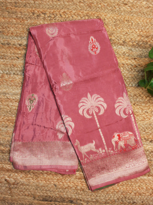 Onion Pink Russian Silk Saree with Woven Animal & Nature Motifs