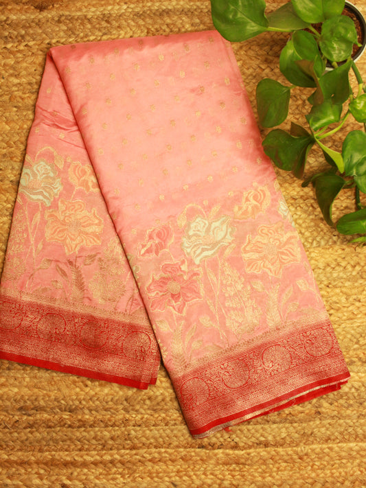 Peach Pink Semi Kathan Silk Saree with Floral Zari Border