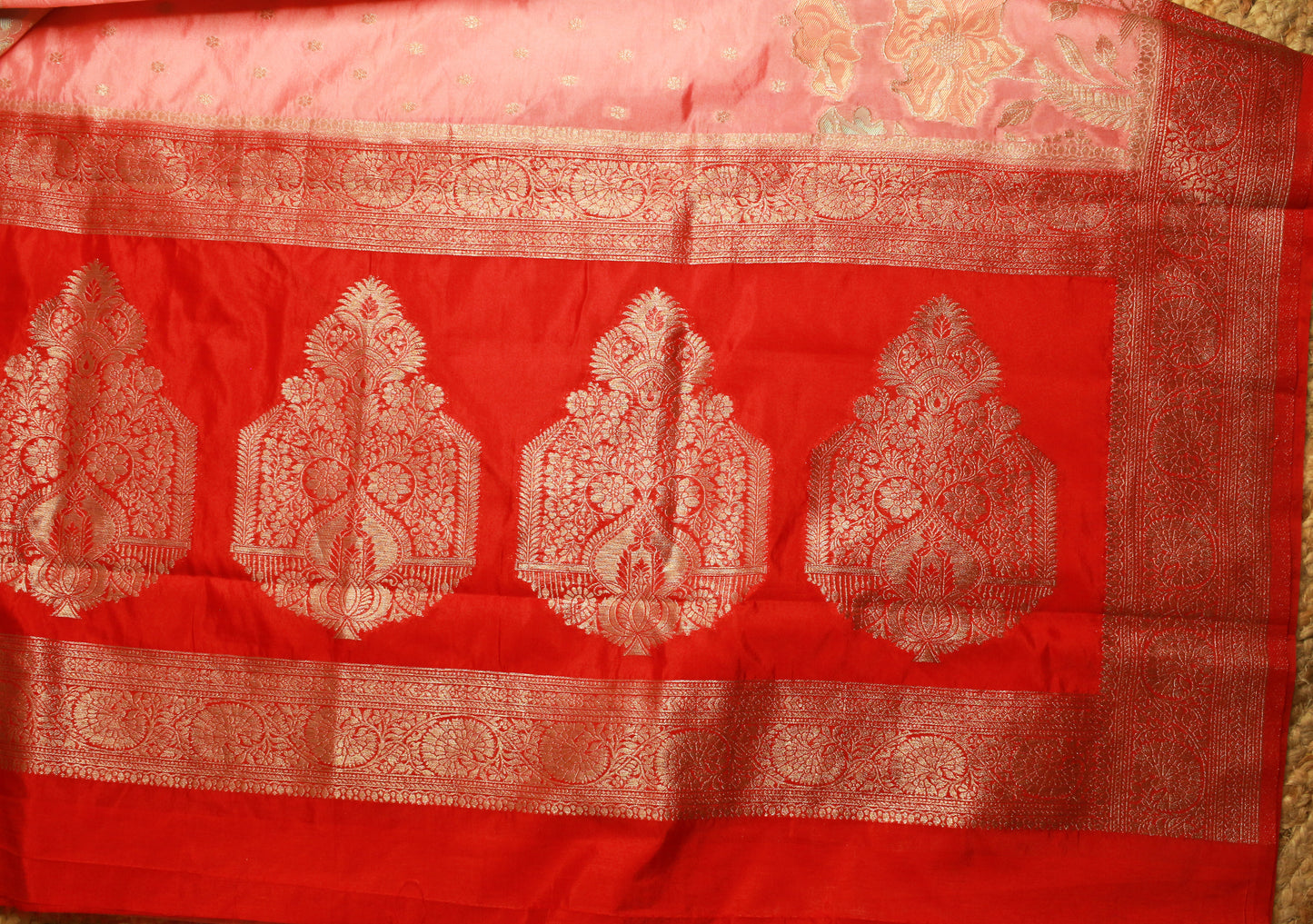 Peach Pink Semi Kathan Silk Saree with Floral Zari Border