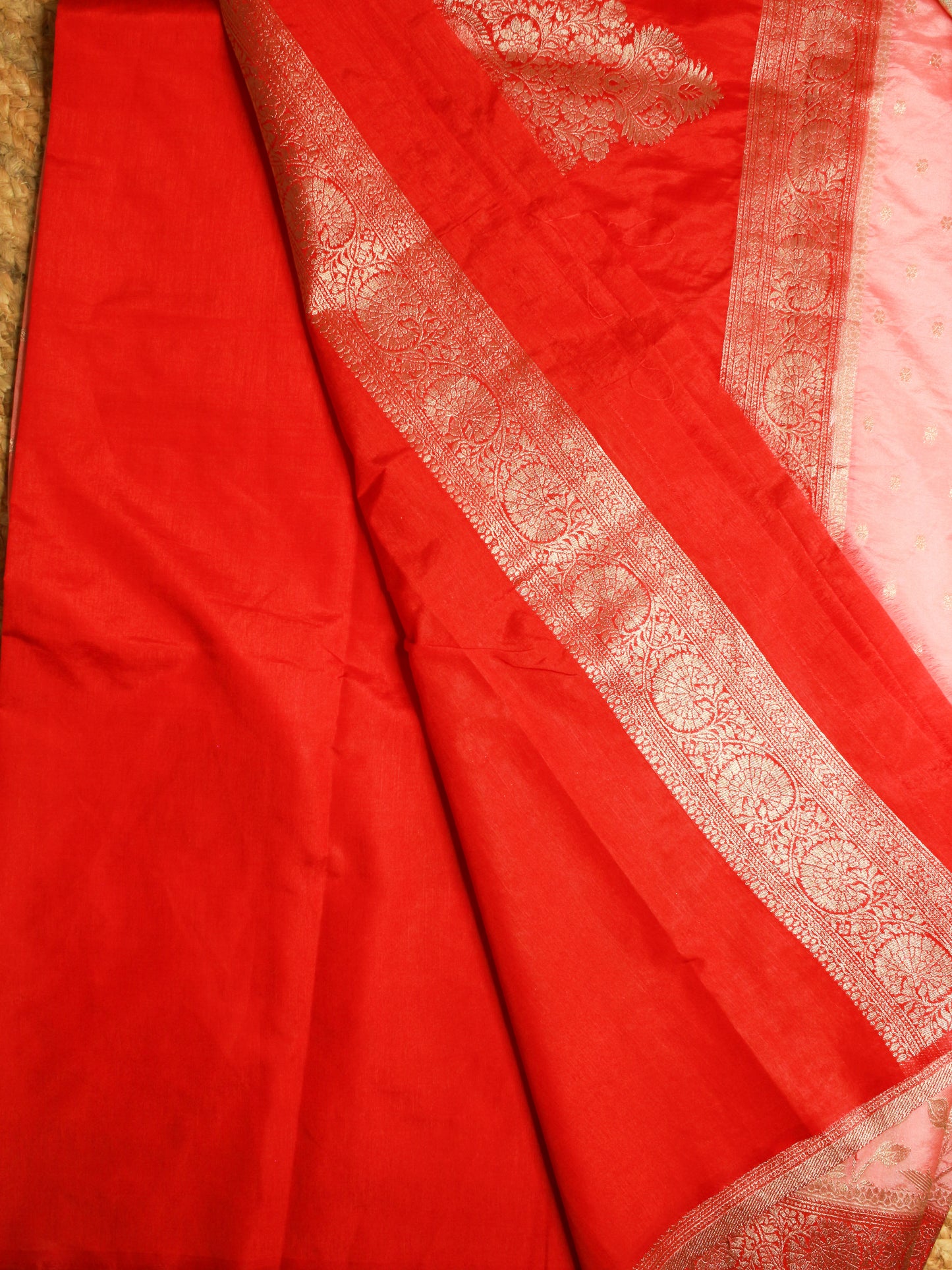 Peach Pink Semi Kathan Silk Saree with Floral Zari Border