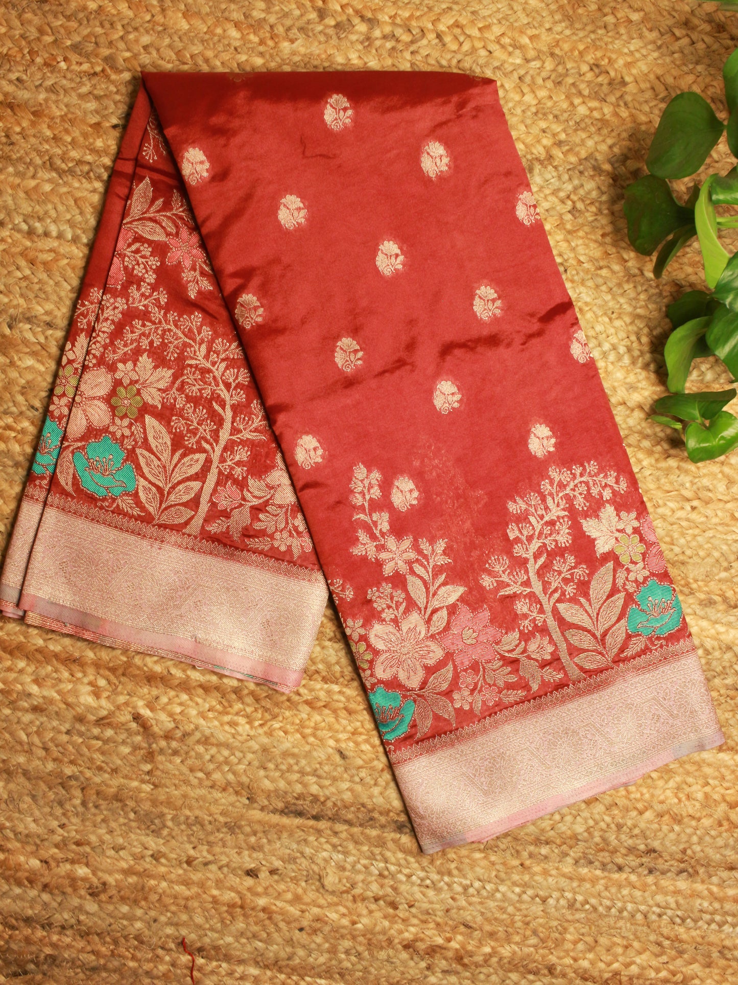 Brown Semi Kathan Silk Saree with Lavender Floral Zari Border