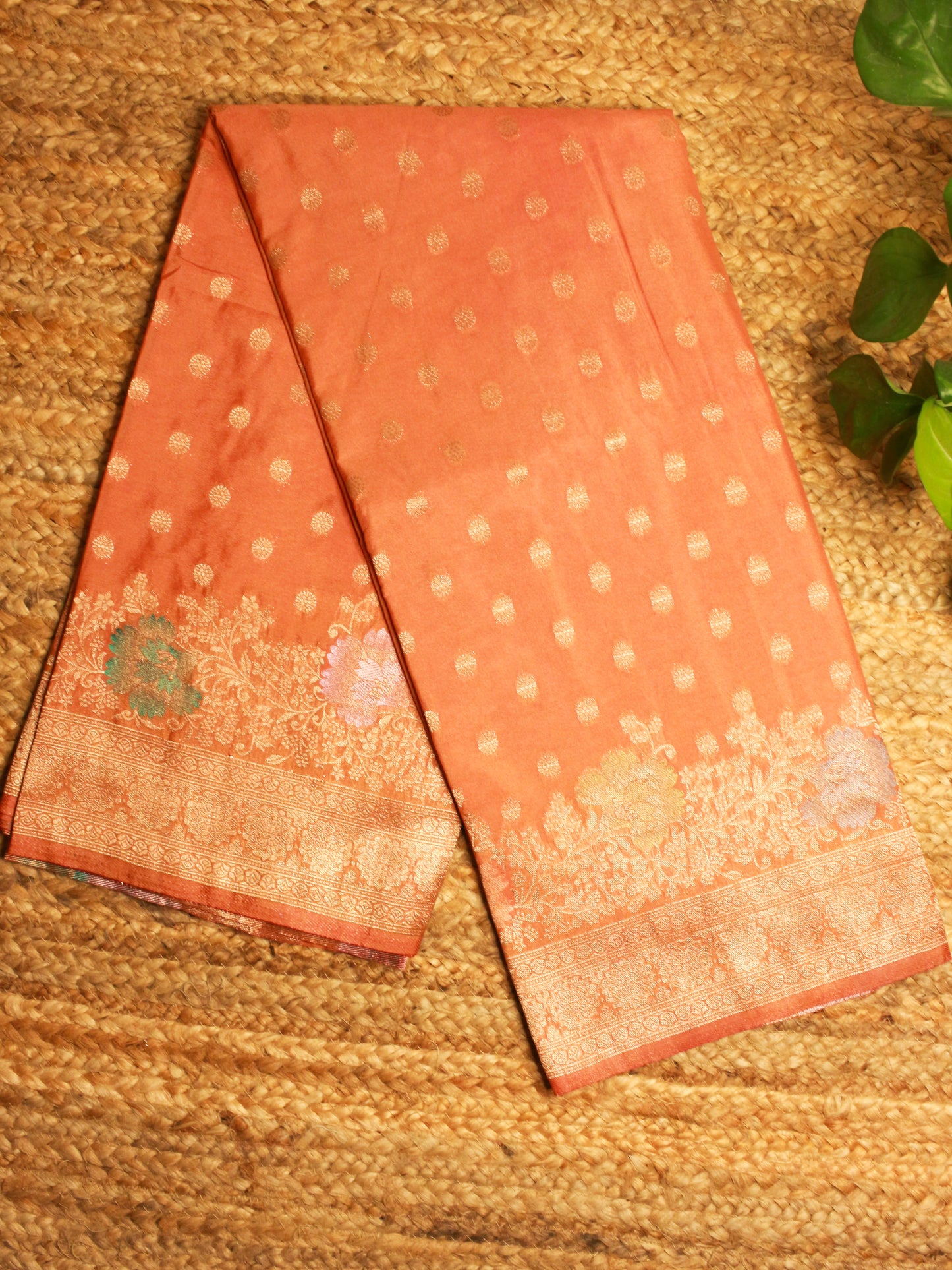 Peach Semi Kathan Silk Saree with Floral Zari Border
