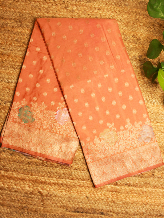 Peach Semi Kathan Silk Saree with Floral Zari Border