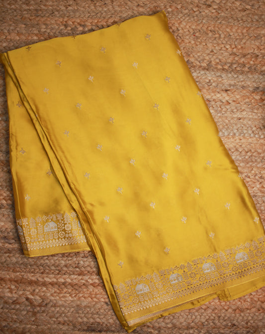 Banarasi Satin Blend Saree in Golden Lemon Yellow with Silver Zari Detailing