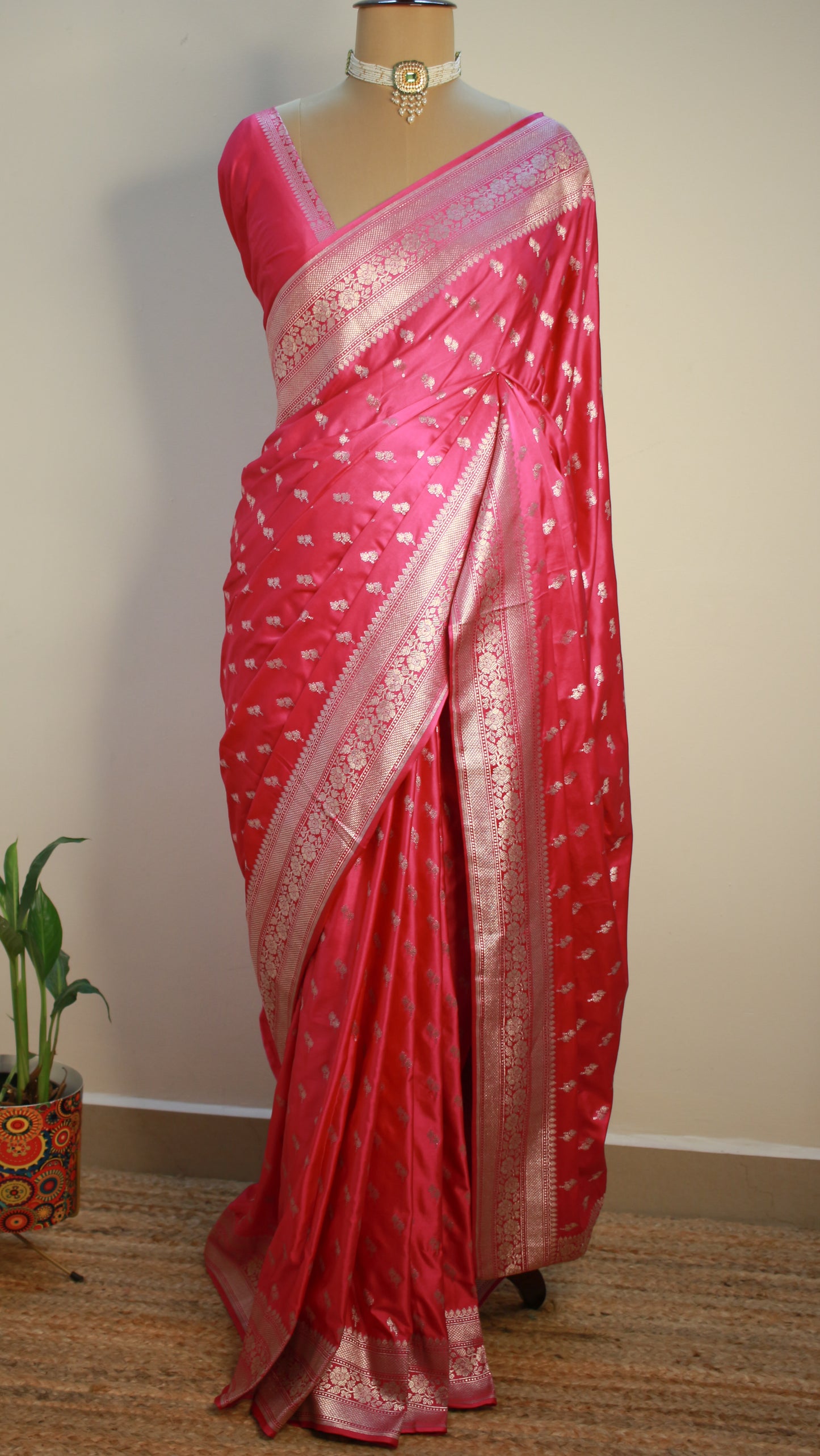 Banarasi Mashru Silk Saree in Elegant Rani Pink with Zari Weaving