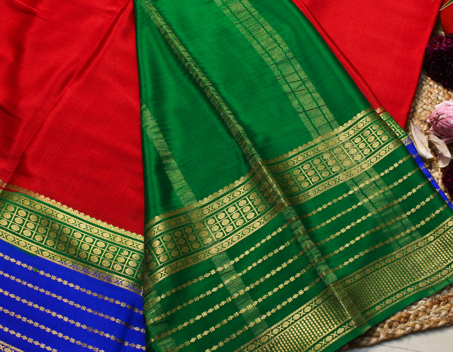 Red pure Mysore silk crepe saree with 3D pattern