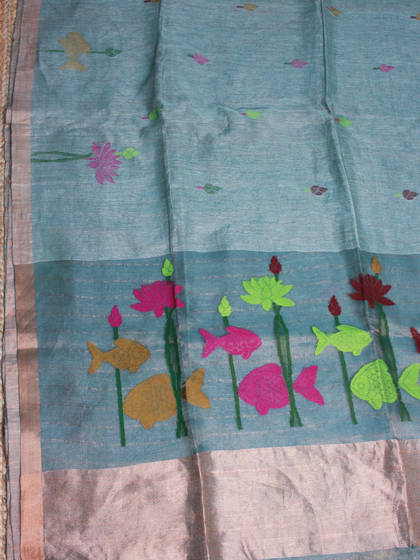 Aqua Blue Pure Linen Saree with Muslin Pallu – Fish & Lotus Motif, Gold Zari Accents