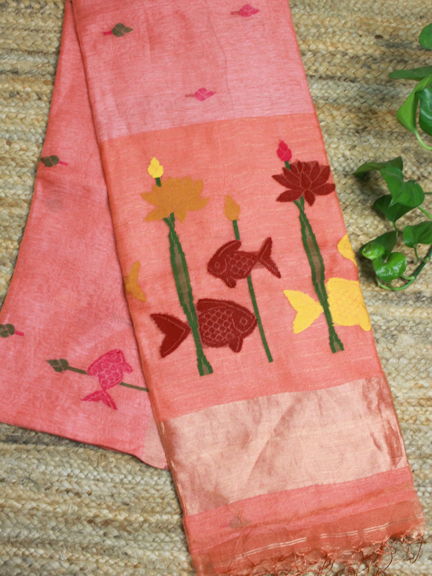 Coral Pink Pure Linen Saree with Muslin Pallu – Fish & Lotus Motif, Gold Zari Accents