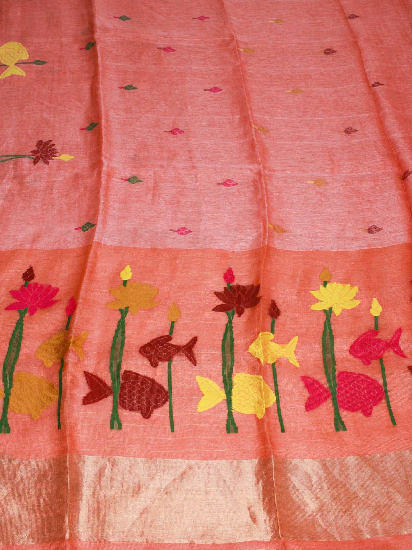 Coral Pink Pure Linen Saree with Muslin Pallu – Fish & Lotus Motif, Gold Zari Accents