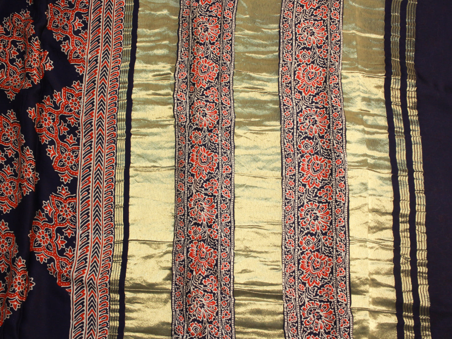 Navy Blue Pure Modal Silk Saree with Red Ajrakh Print & Zari Pallu