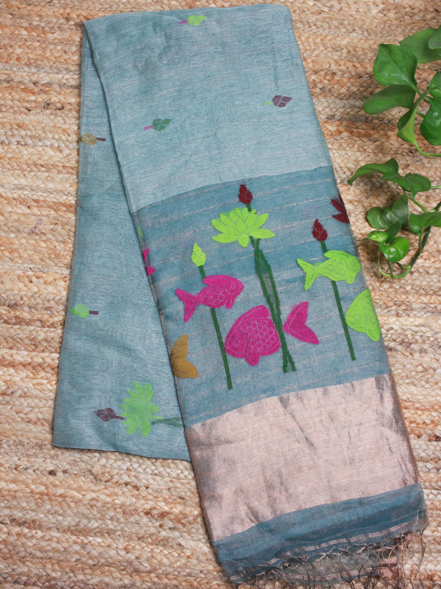 Aqua Blue Pure Linen Saree with Muslin Pallu – Fish & Lotus Motif, Gold Zari Accents