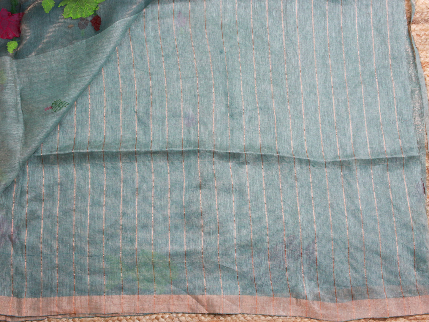 Aqua Blue Pure Linen Saree with Muslin Pallu – Fish & Lotus Motif, Gold Zari Accents
