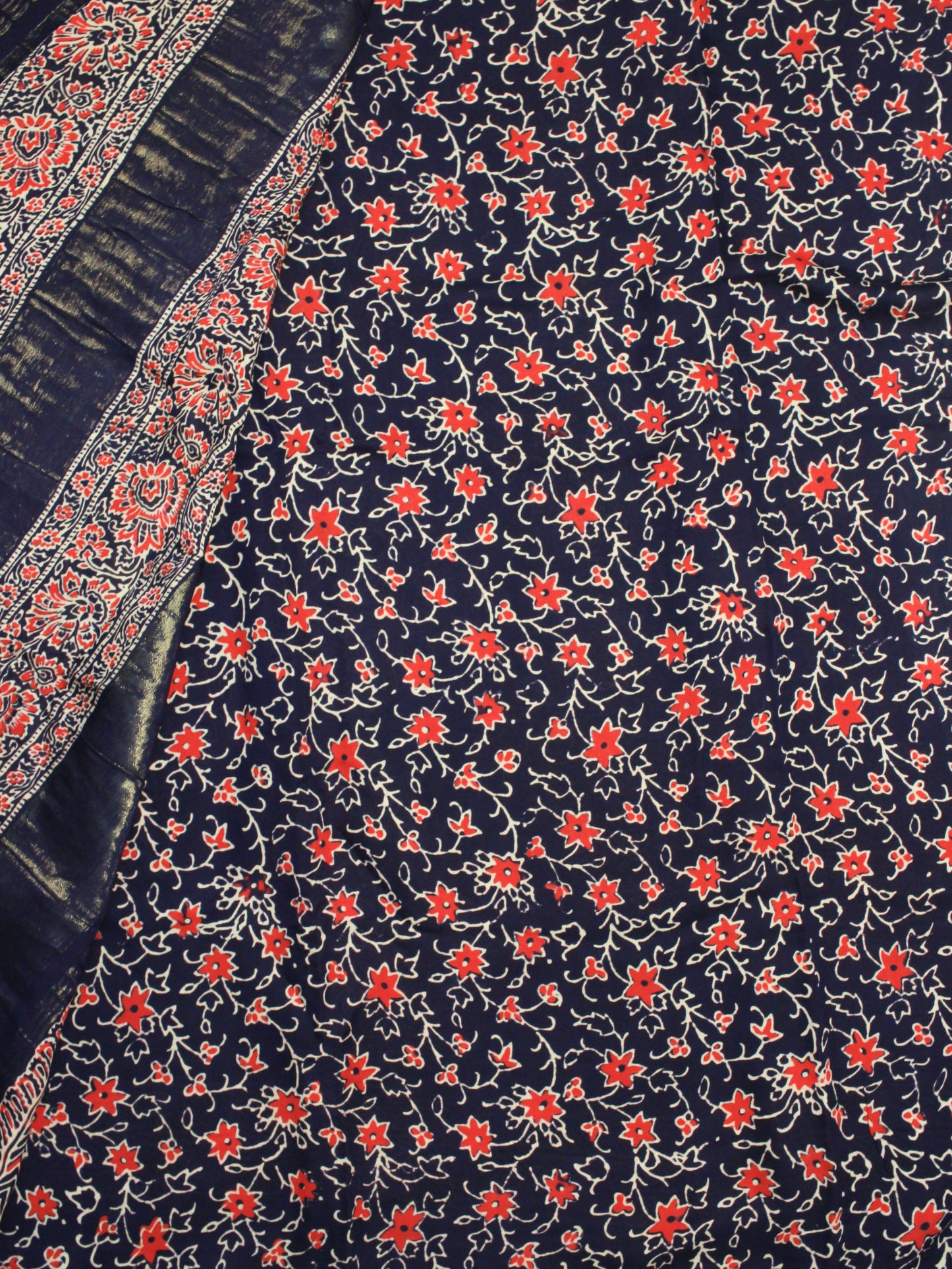 Navy Blue Pure Modal Silk Saree with Red Ajrakh Print & Zari Pallu