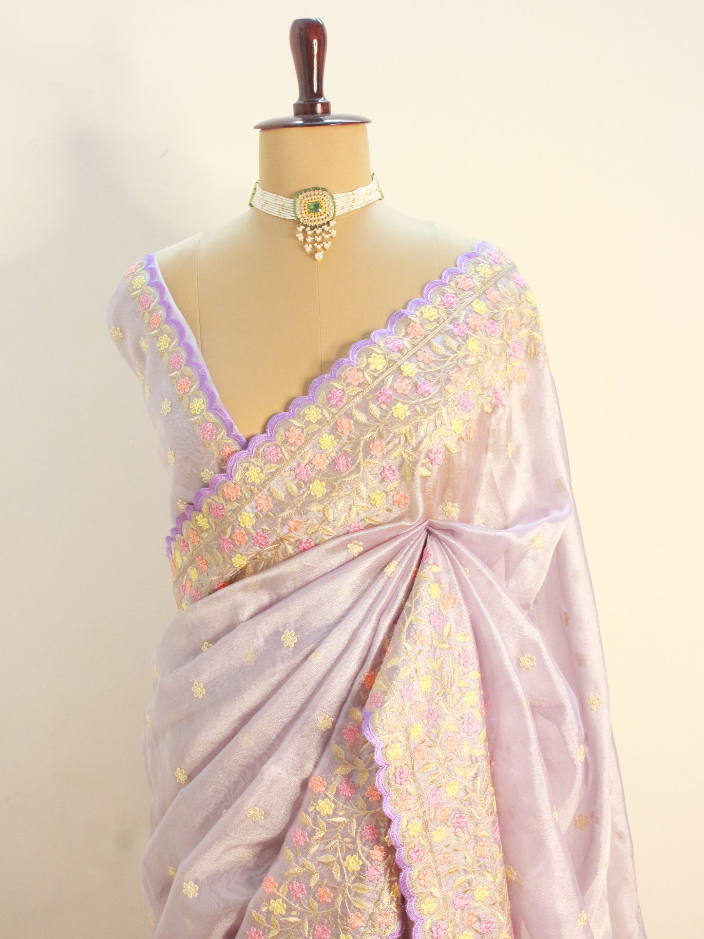 Lavender soft Tissue Saree with Delicate Floral Embroidery
