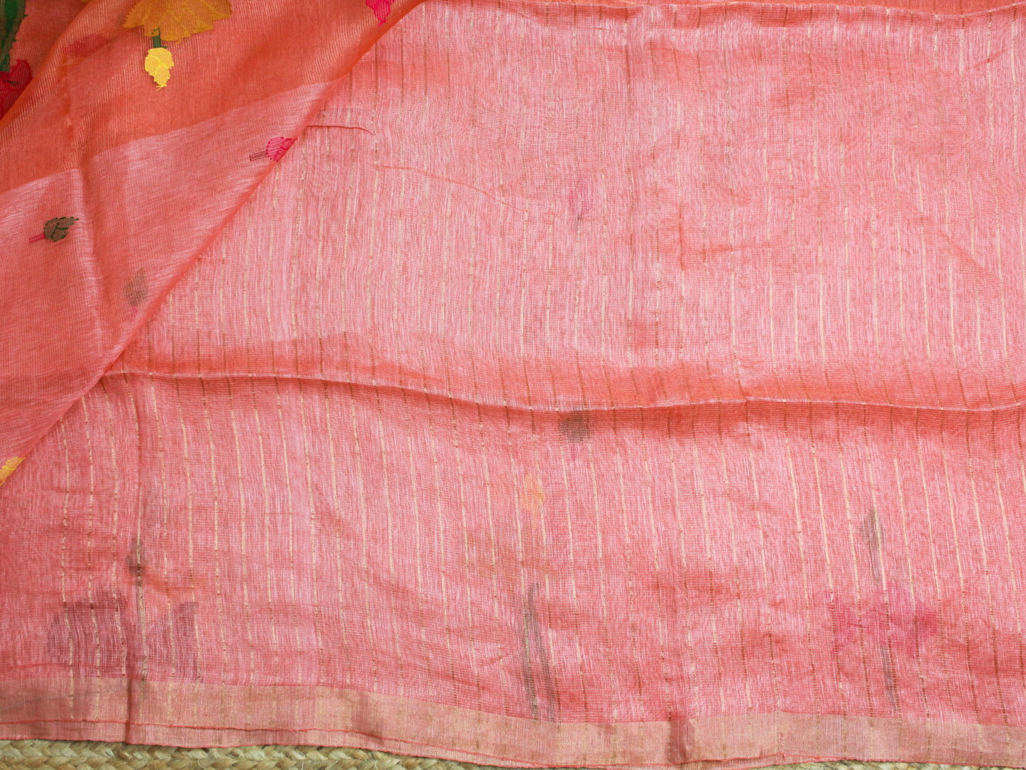 Coral Pink Pure Linen Saree with Muslin Pallu – Fish & Lotus Motif, Gold Zari Accents
