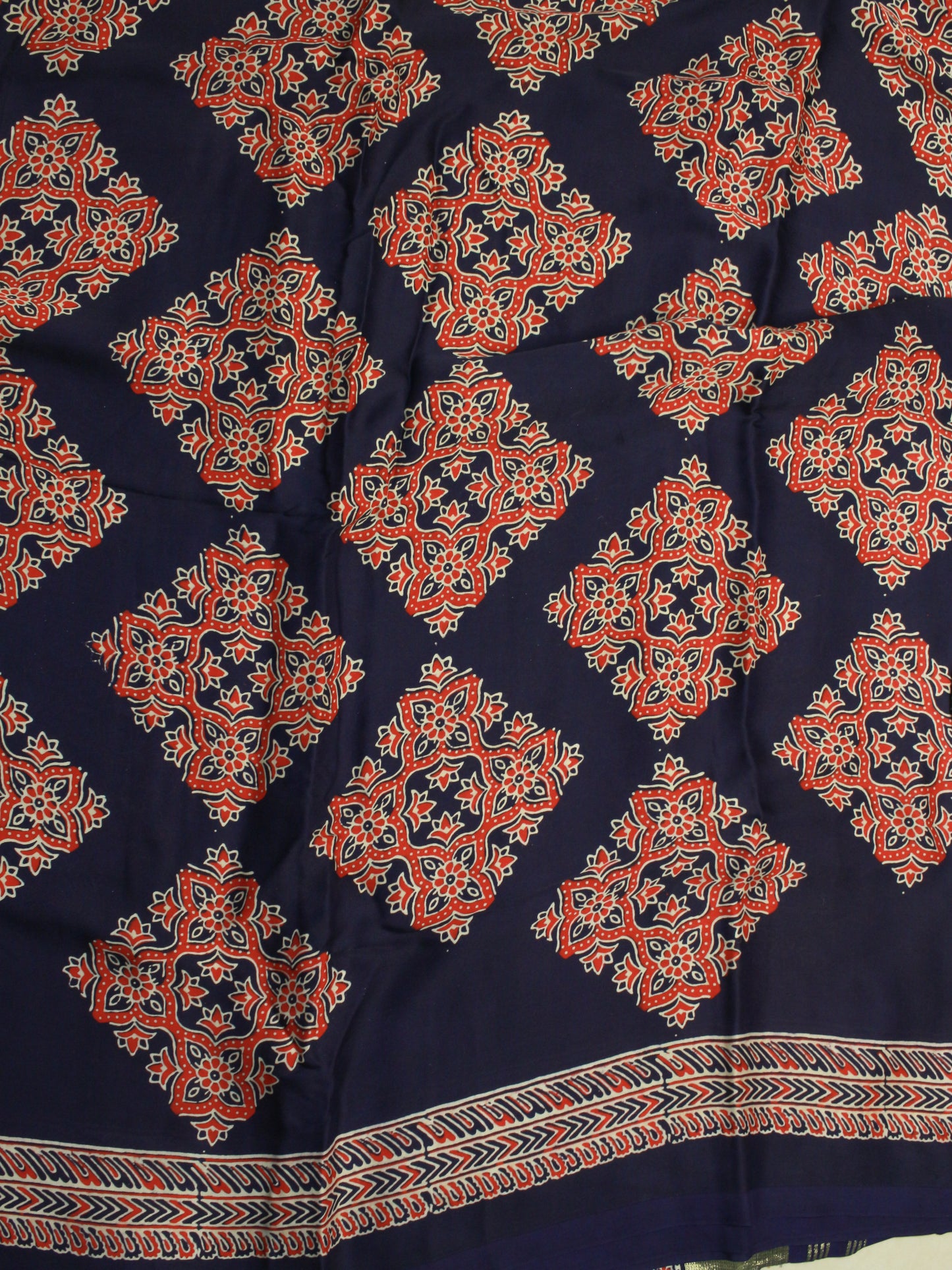 Navy Blue Pure Modal Silk Saree with Red Ajrakh Print & Zari Pallu