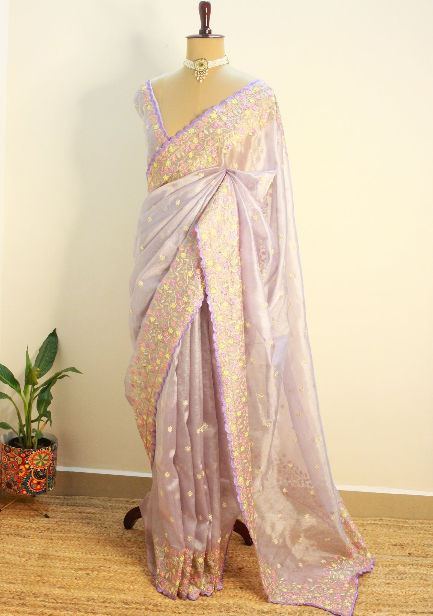 Lavender soft Tissue Saree with Delicate Floral Embroidery